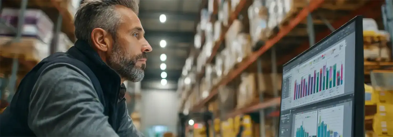 Directeur Supply Chain de transition analysant des indicateurs de performance logistique dans un entrepôt pour optimiser flux et délais.