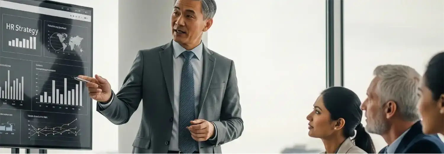 Chef de Projets RH de transition présentant une stratégie RH et des indicateurs de performance à une équipe de direction.