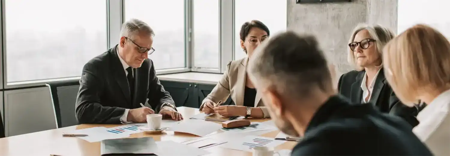 Directeur qualité de transition en réunion avec des dirigeants, analysant des rapports et indicateurs pour garantir la conformité, l’amélioration continue et la performance de l’entreprise.