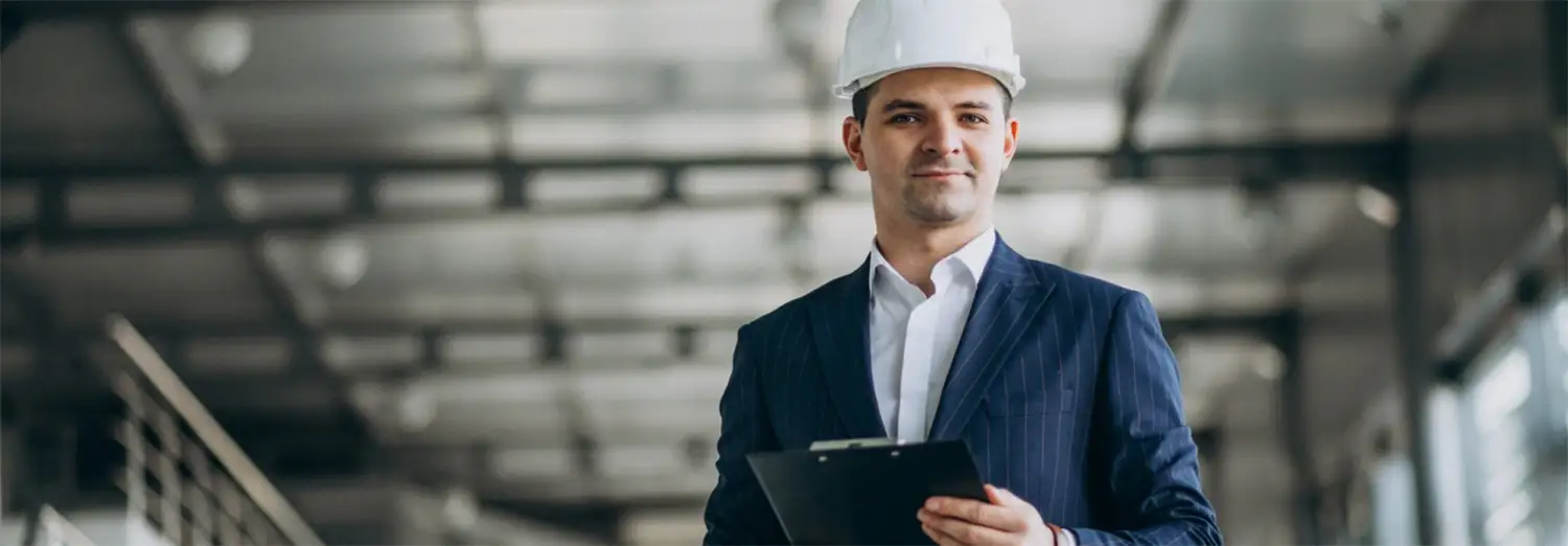 Directeur de site de transition en costume et casque de sécurité, supervisant les opérations industrielles et pilotant la performance d’un site de production.