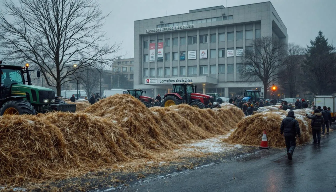 Manifestation agricole devant la préfecture du Tarn‑et‑Garonne : tracteurs, tas de fumier et présence des forces de l'ordre