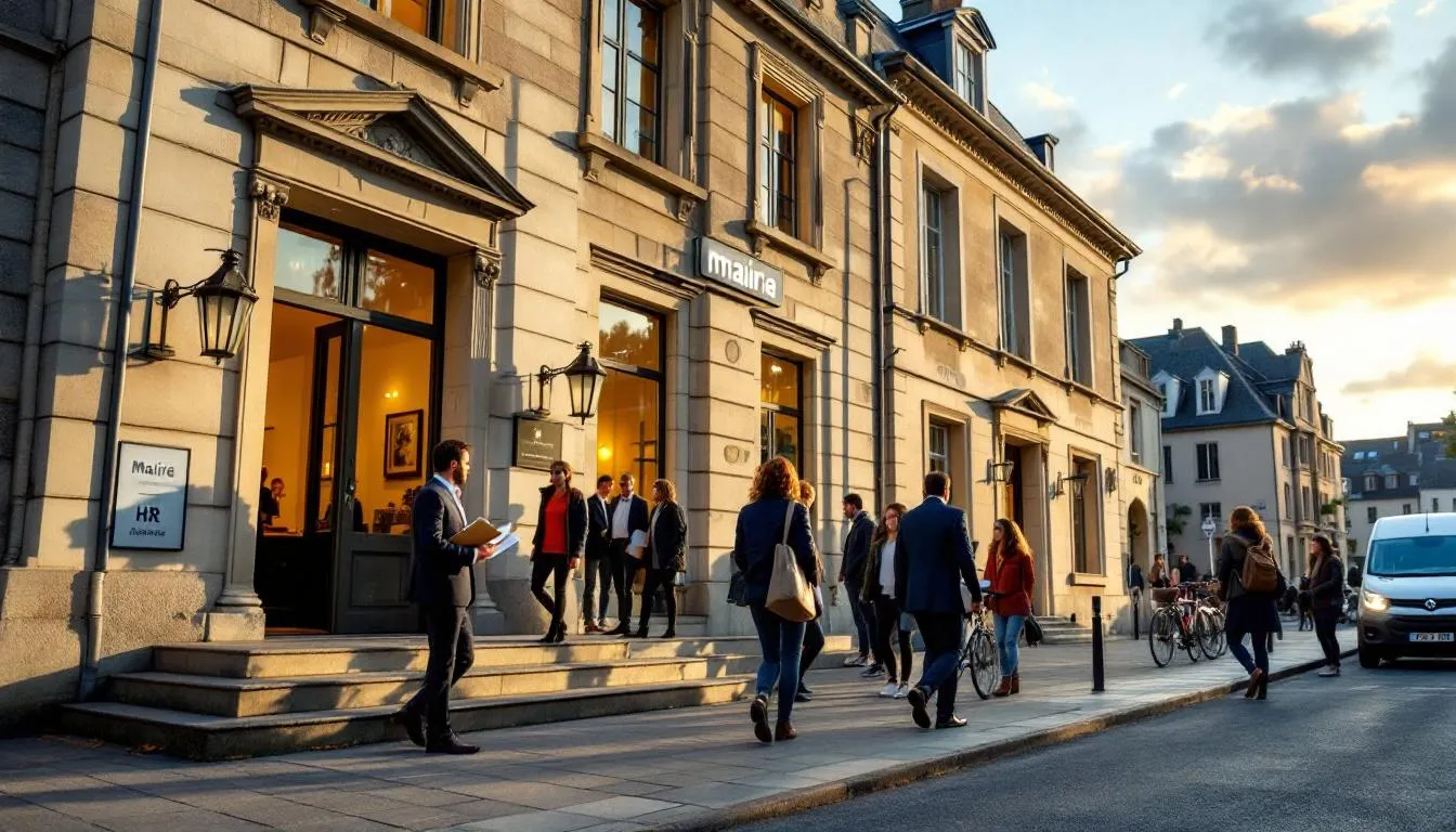Parvis de la mairie d'Auray animé, agents municipaux et citoyens avec dossiers