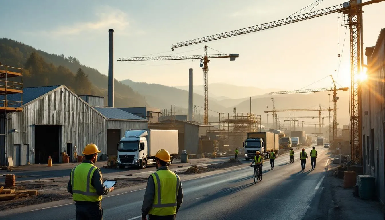 Zone industrielle et chantier en Auvergne‑Rhône‑Alpes : usine, grues et ouvriers en tenue de sécurité au coucher du soleil