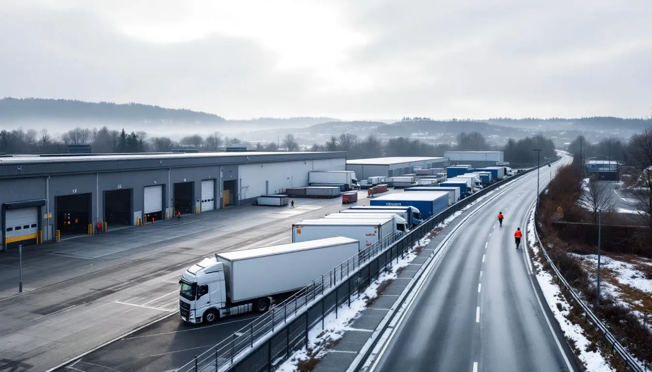 Zone industrielle et logistique en Bourgogne‑Franche‑Comté, quais et camions sous un ciel d'hiver