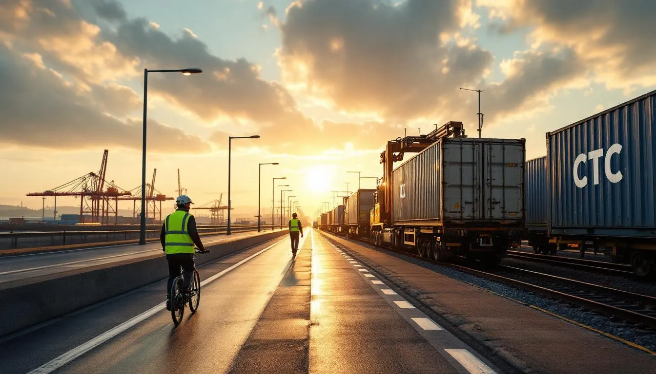 Terminal intermodal et train de fret en Bretagne au crépuscule Terminal intermodal et train de fret en Bretagne au crépuscule