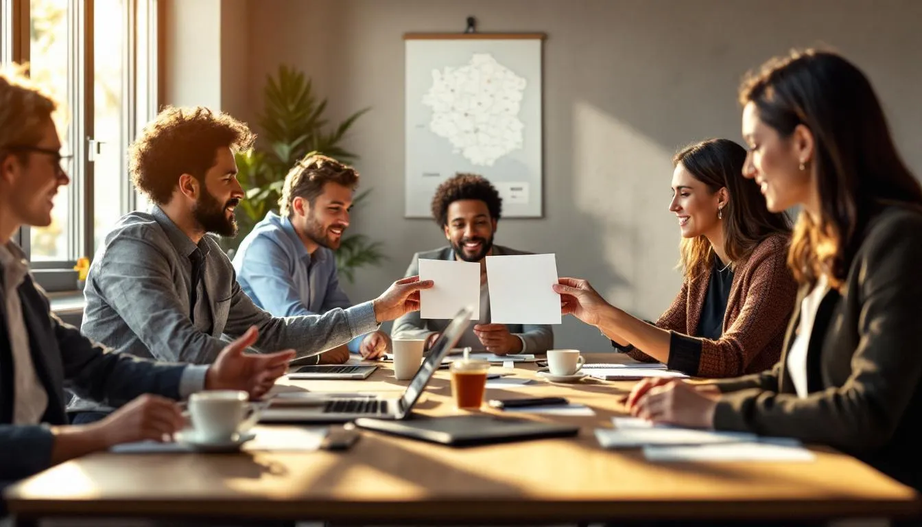 Réunion de médiation pour le dialogue social en entreprise, DRH et représentants autour d’une table