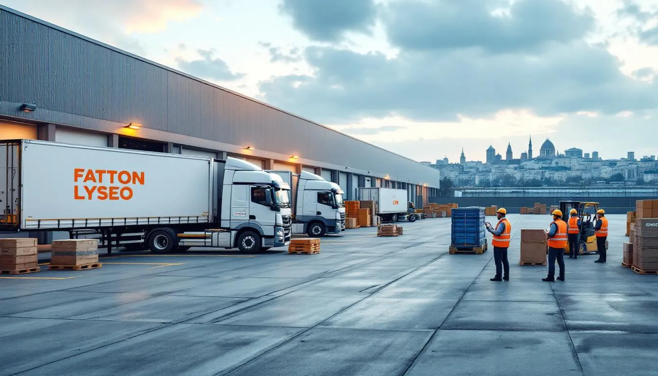 Parc logistique animé du groupe Fatton Lyseo et Ovrsea, camions, chariot élévateur et opérateurs vérifiant un tablet Parc logistique animé du groupe Fatton Lyseo et Ovrsea, camions, chariot élévateur et opérateurs vérifiant un tablet