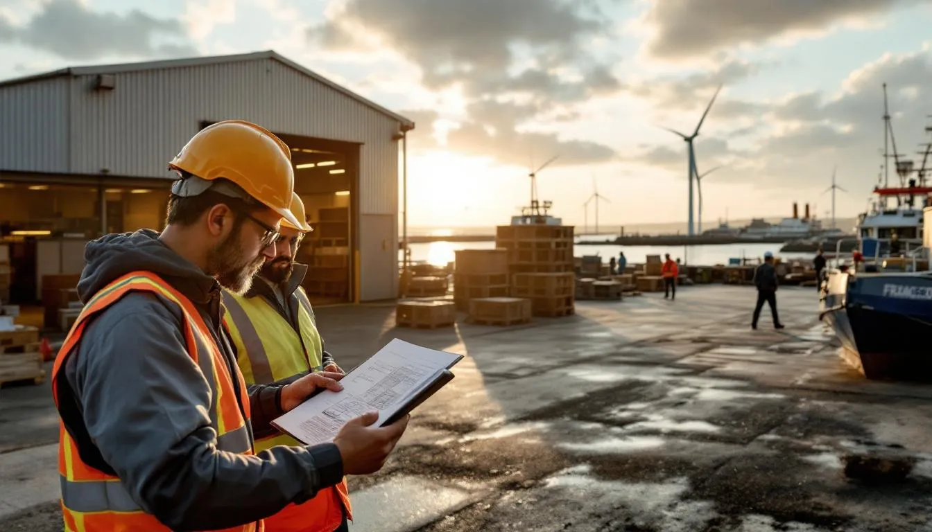 Directeur industriel inspectant un site de production en Bretagne, quai et éoliennes en arrière-plan
