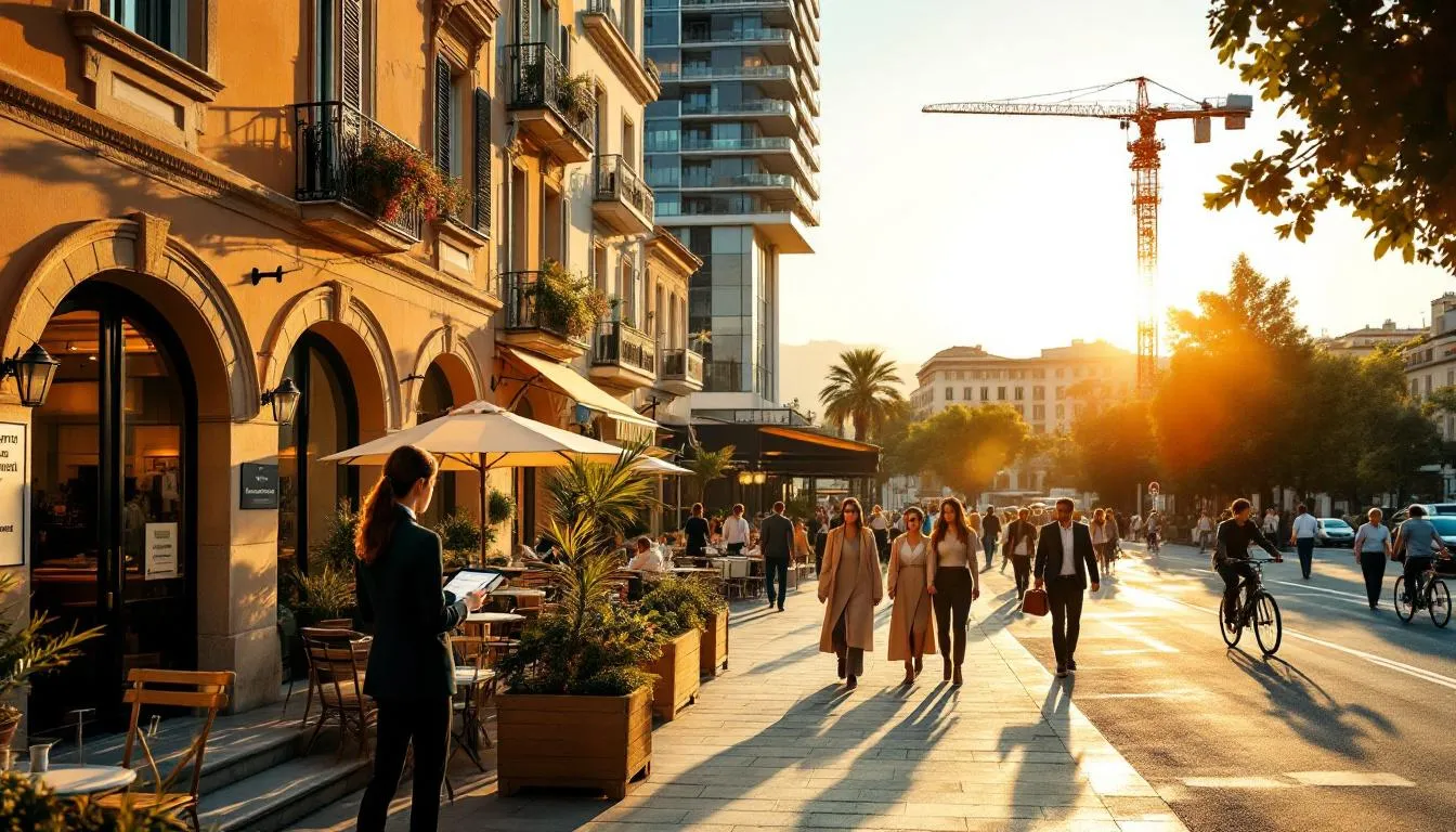 Place urbaine en Provence‑Alpes‑Côte d'Azur avec hôtel, personnel en uniforme et panneau de recrutement, lumière de fin d'après‑midi