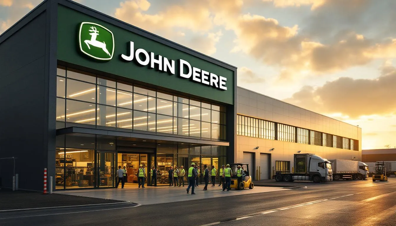 Usine John Deere à Saran (Orléans), façade et parvis animé lors de l'inauguration de la ligne de production de batteries