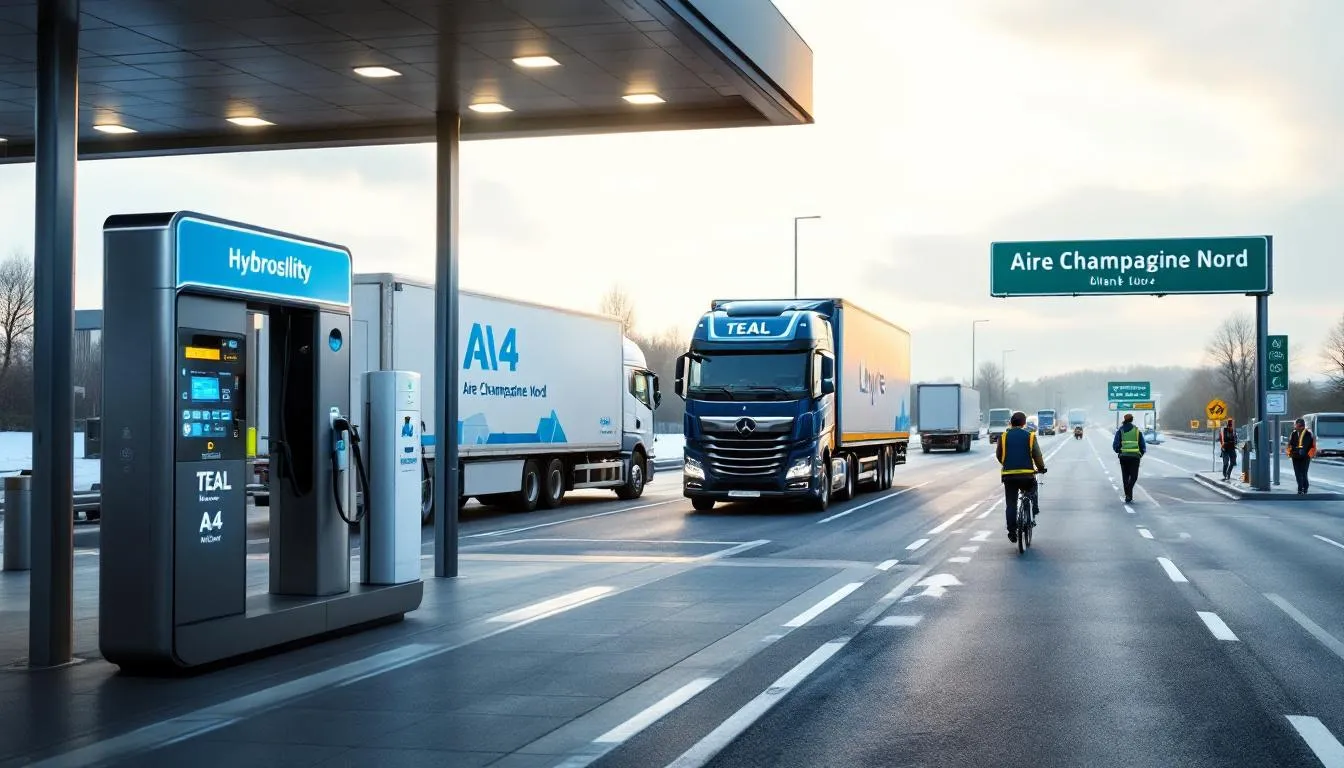 Station hydrogène A4 Reims (Aire Champagne Nord) avec camion en ravitaillement