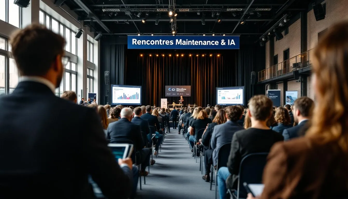 Rencontres Maintenance & IA au Havre : salle de conférence animée avec participants et écran présentant un tableau de bord de maintenance prédictive