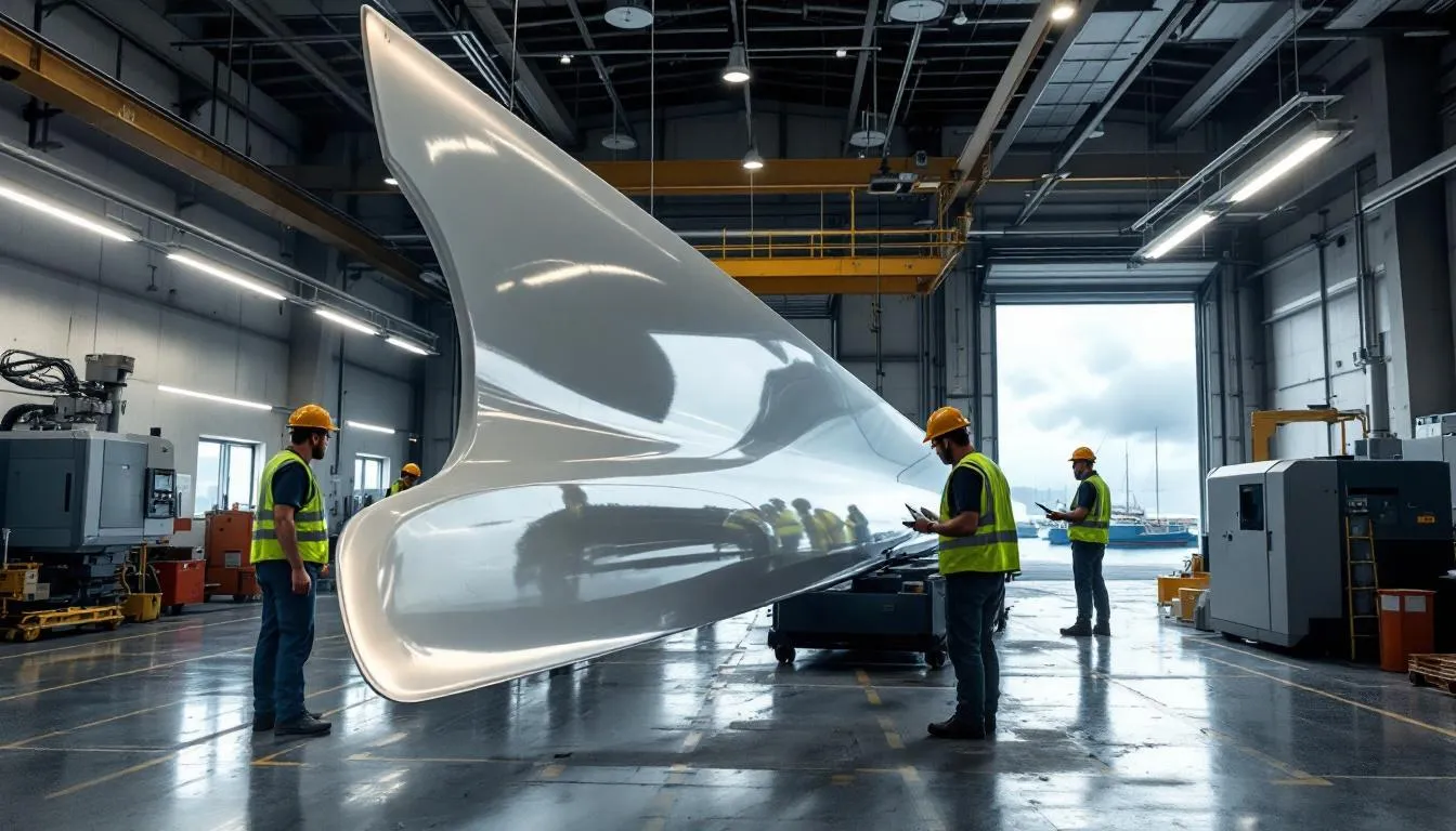 Atelier Multiplast : tronçon de mât composite en fabrication avec ouvriers et robotique, baie ouverte sur le port Atelier Multiplast : tronçon de mât composite en fabrication avec ouvriers et robotique, baie ouverte sur le port