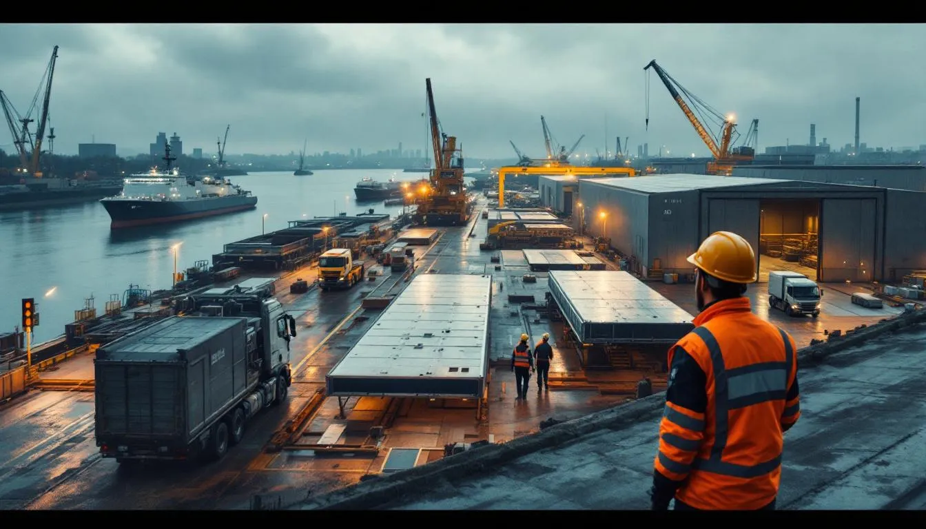 Site Naval Group Nantes‑Indret : quai industriel avec grues, barge et ateliers en activité