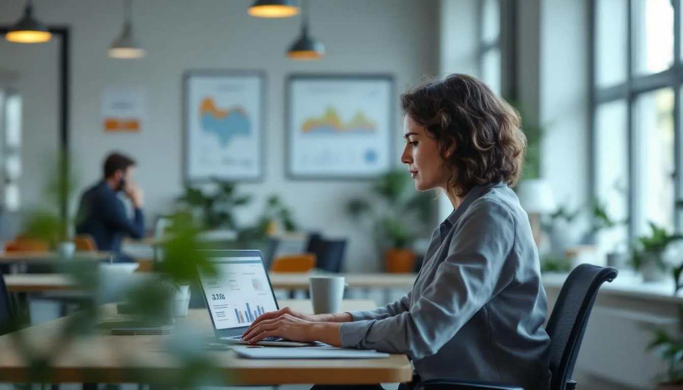 DRH en bureau consultant un tableau de bord d’emploi et une carte de la Nouvelle‑Aquitaine DRH en bureau consultant un tableau de bord d'emploi et une carte de la Nouvelle‑Aquitaine