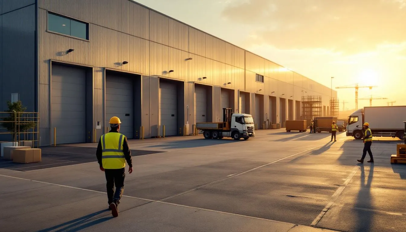 Site industriel aéronautique en Nouvelle-Aquitaine, hangars et ouvriers au coucher du soleil