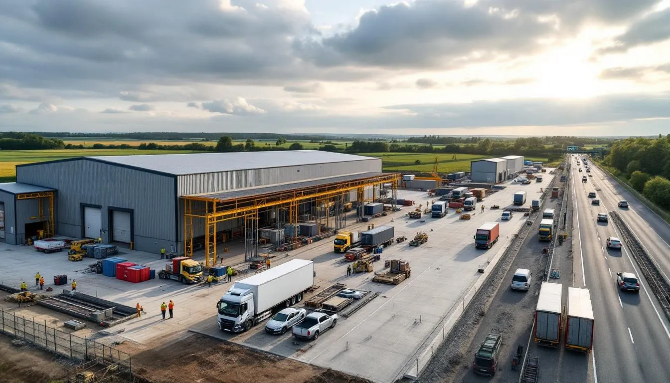 Chantier de la plateforme logistique de Samazan : entrepôt en construction, grues et ouvriers en gilets