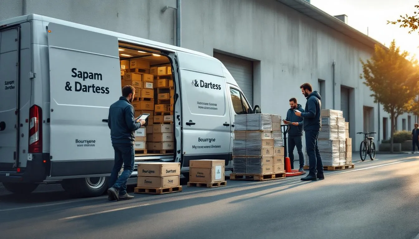 Livraison dernier kilomètre à Chalon‑sur‑Saône : camion blanc et ouvriers chargent palettes de vin