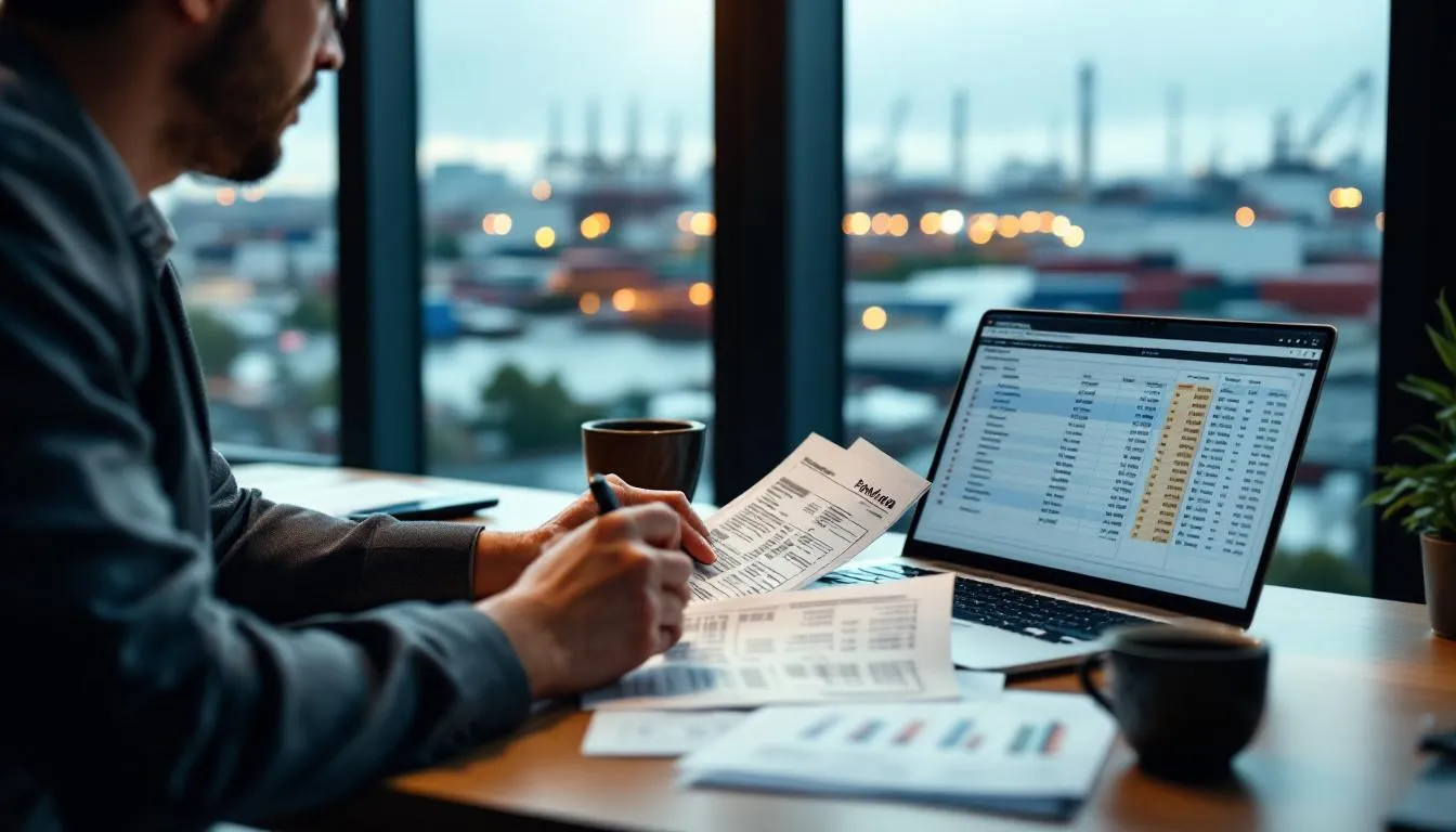 DRH examinant des bulletins de paie et un écran de paie, bureau avec vue sur zone industrielle des Hauts‑de‑France DRH examinant des bulletins de paie et un écran de paie, bureau avec vue sur zone industrielle des Hauts‑de‑France