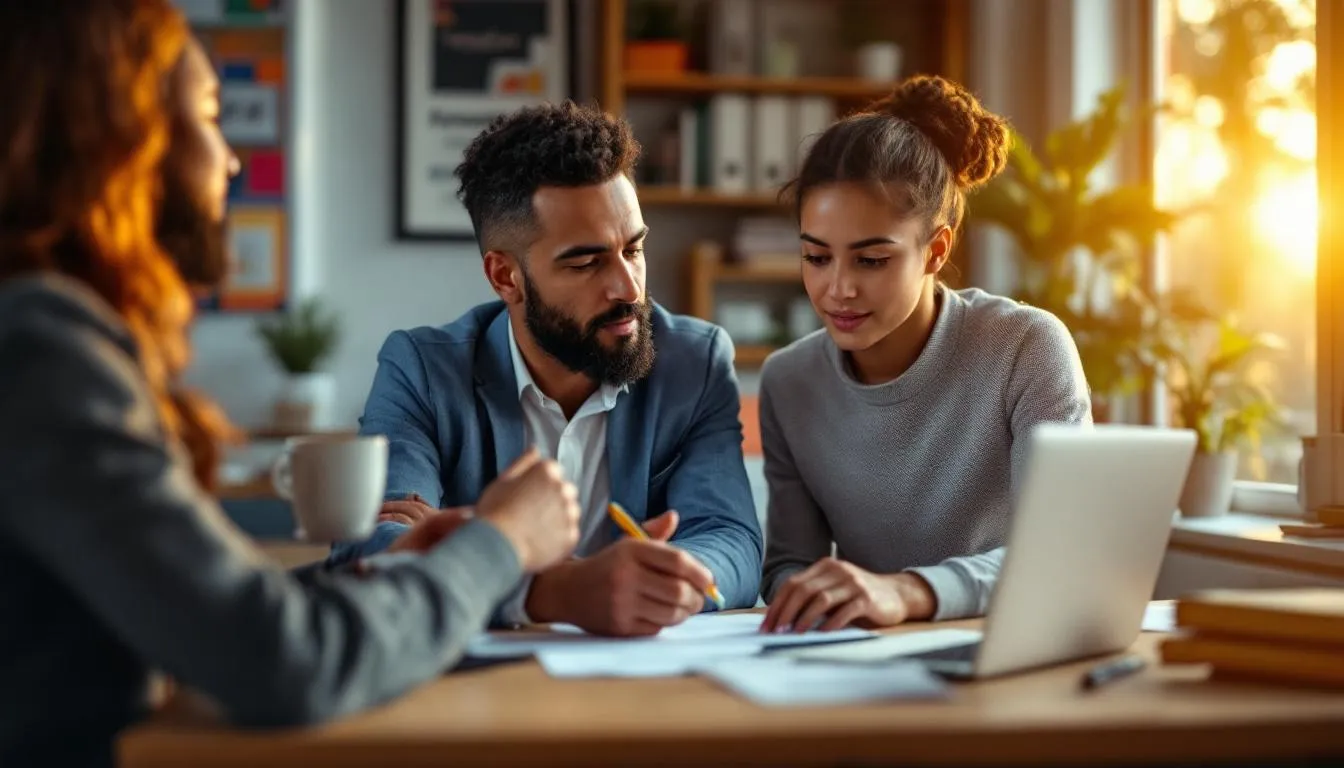 DRH en entretien avec un alternant et un formateur, contrat d’apprentissage sur le bureau DRH en entretien avec un alternant et un formateur, contrat d'apprentissage sur le bureau
