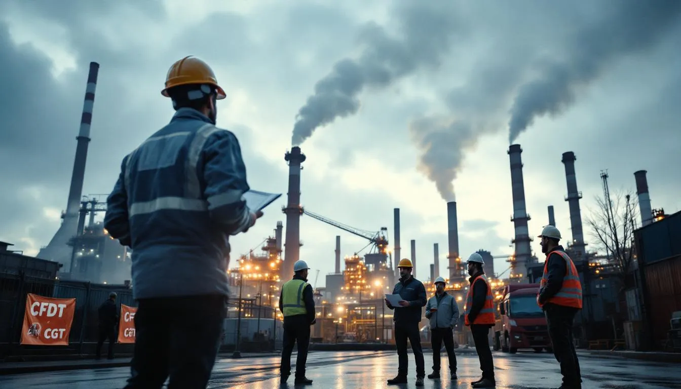 Usine ArcelorMittal dans le Grand Est, parvis animé par salariés et représentants syndicaux