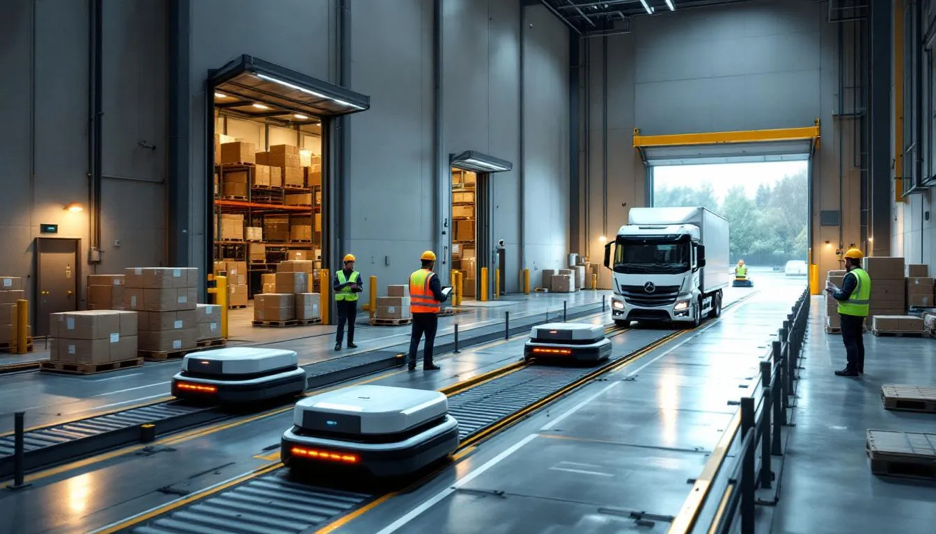 Entrepôt robotisé en Auvergne‑Rhône‑Alpes avec AMR, quais de chargement et techniciens en gilets haute visibilité