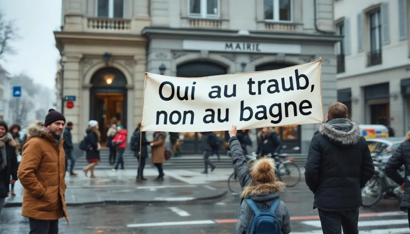 Rassemblement d'agents devant la mairie de Beauvais avec la banderole « Oui au travail, non au bagne »