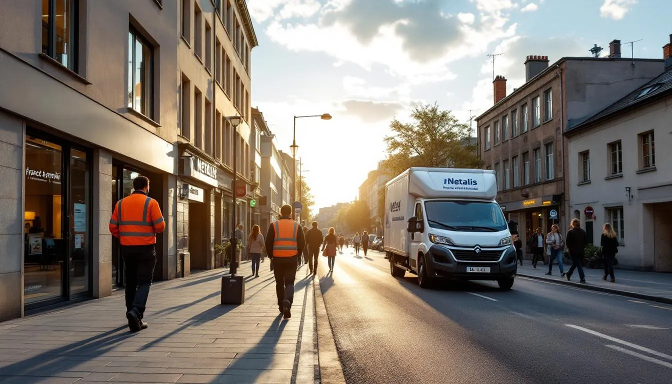 Rue urbaine Bourgogne‑Franche‑Comté : guichet d'emploi, technicien fibre et atelier industriel en arrière‑plan