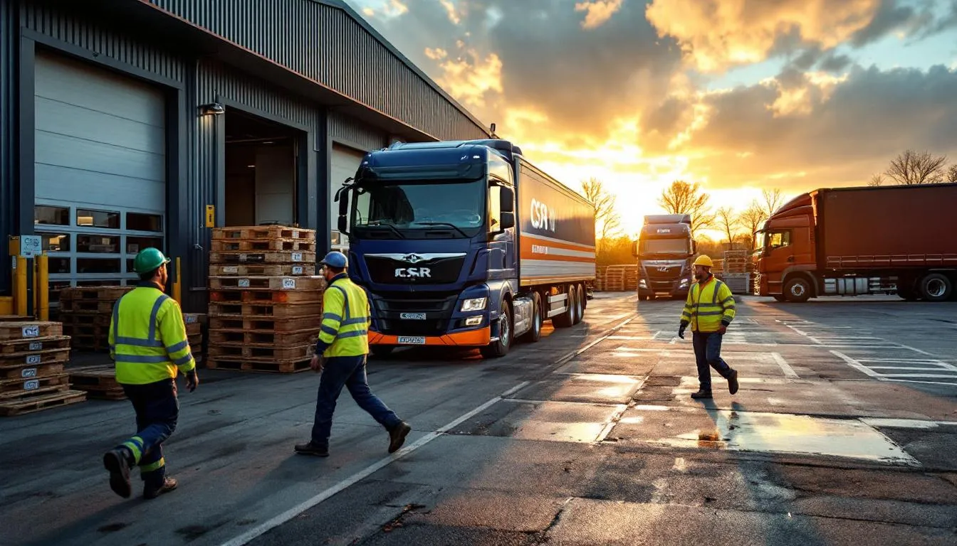 Camion Brangeon au dépôt chargé de palettes de CSR, équipe en action