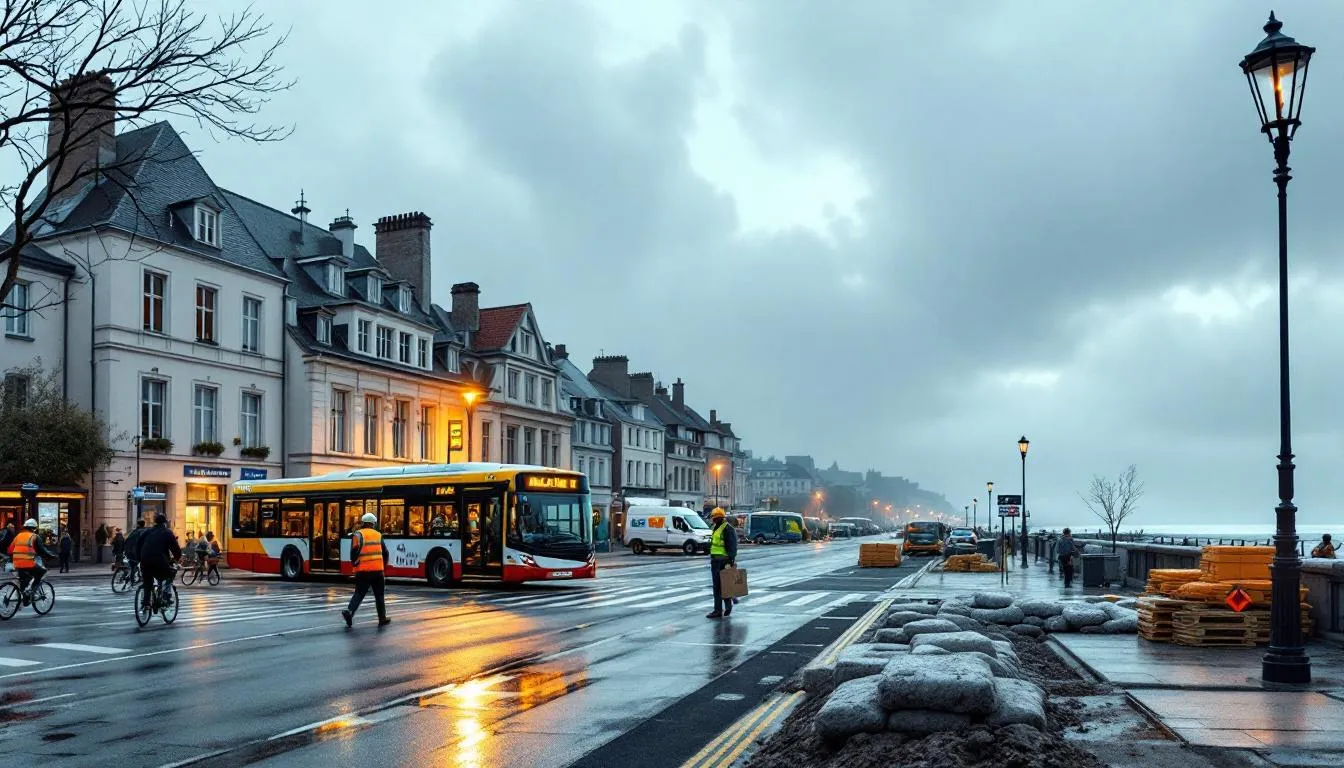 Parvis côtier animé de la CA2BM avec bus, cyclistes et travaux de protection littorale