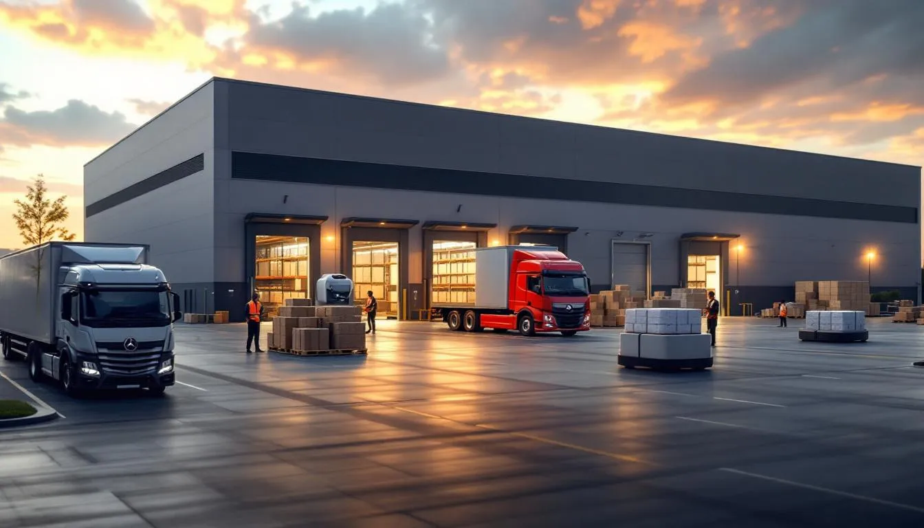 Centre logistique en Île‑de‑France, parvis animé, camions aux quais et robots autonomes en activité