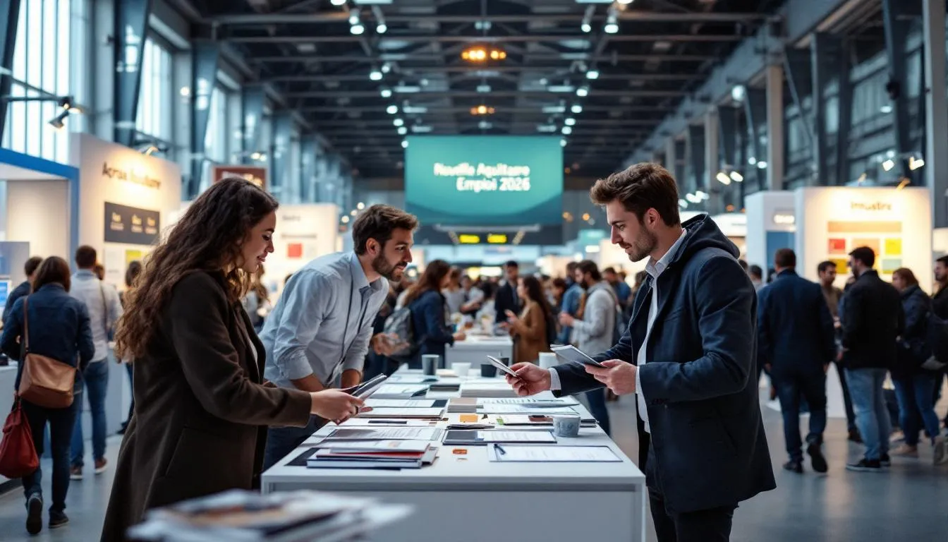 Salon de l'emploi Nouvelle‑Aquitaine 2026, stands agroalimentaire, santé et industrie et recruteurs en discussion