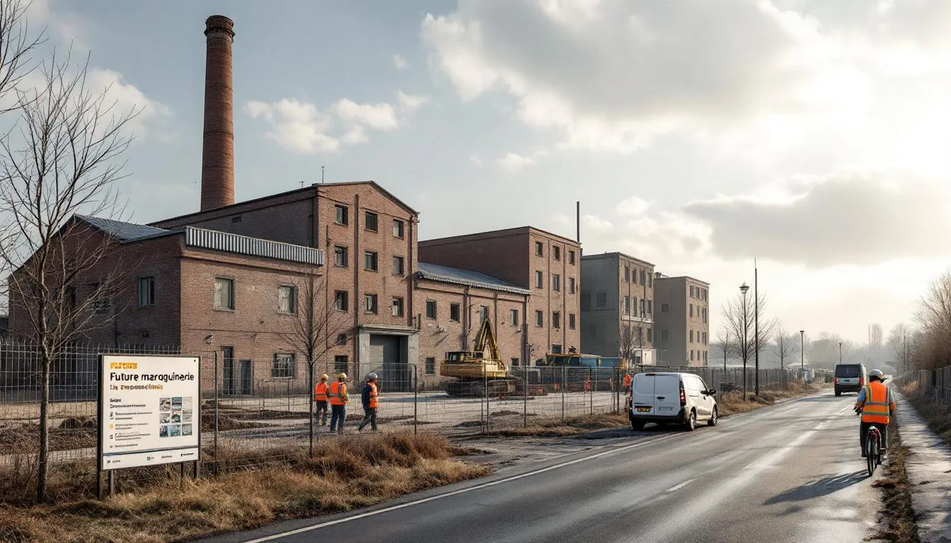 Friche Holophane aux Andelys, chantier de préparation et engins devant l'ancienne verrerie