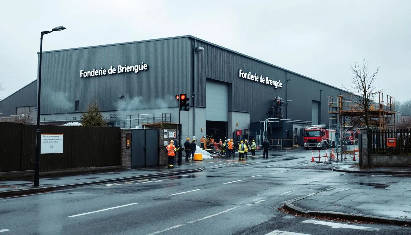 Entrée de la Fonderie de Bretagne avec intervention des secours et ouvriers en haute visibilité
