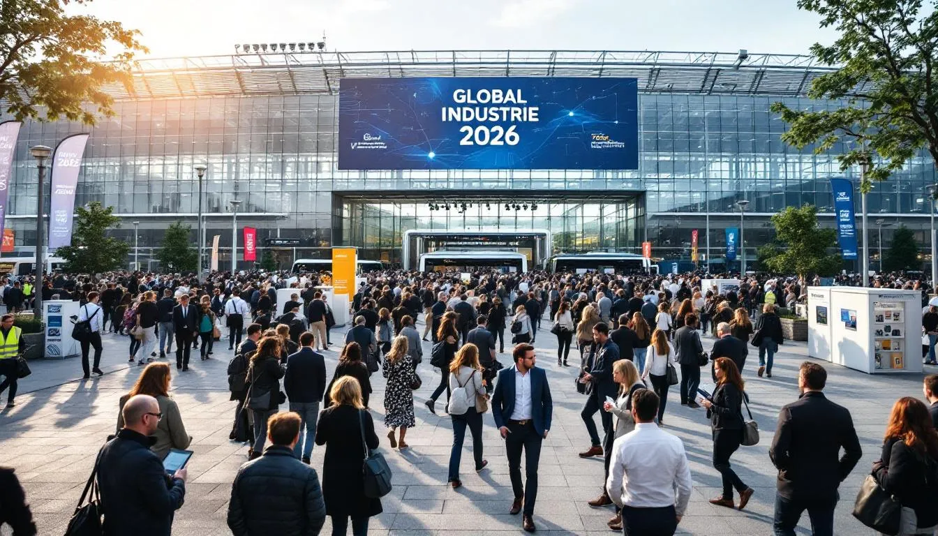 Entrée du parc des expositions Paris‑Nord Villepinte animée lors de Global Industrie 2026, bannières et visiteurs professionnels