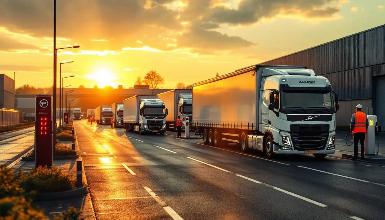 Dépôt logistique en Grand Est avec camions électriques en charge au petit matin