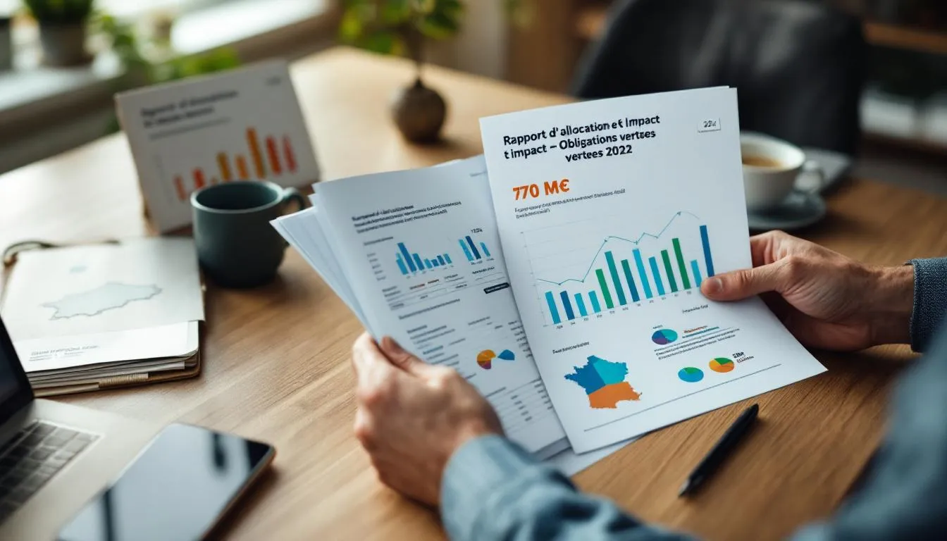 DAF consultant le rapport d'allocation et d'impact — obligations vertes Nouvelle‑Aquitaine, document 170 M€ et laptop avec graphiques
