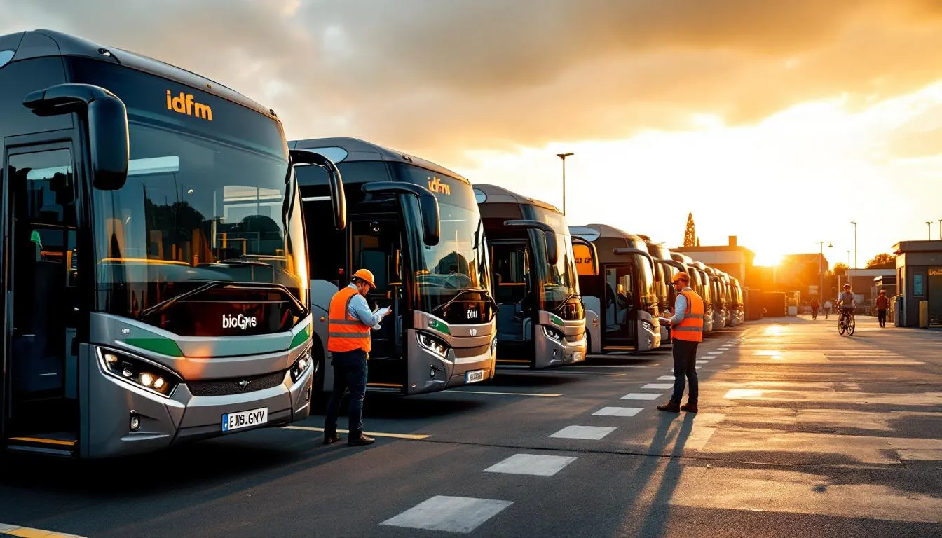 Autocars Scania i4 biogaz alignés dans un dépôt IDFM au crépuscule, techniciens en intervention