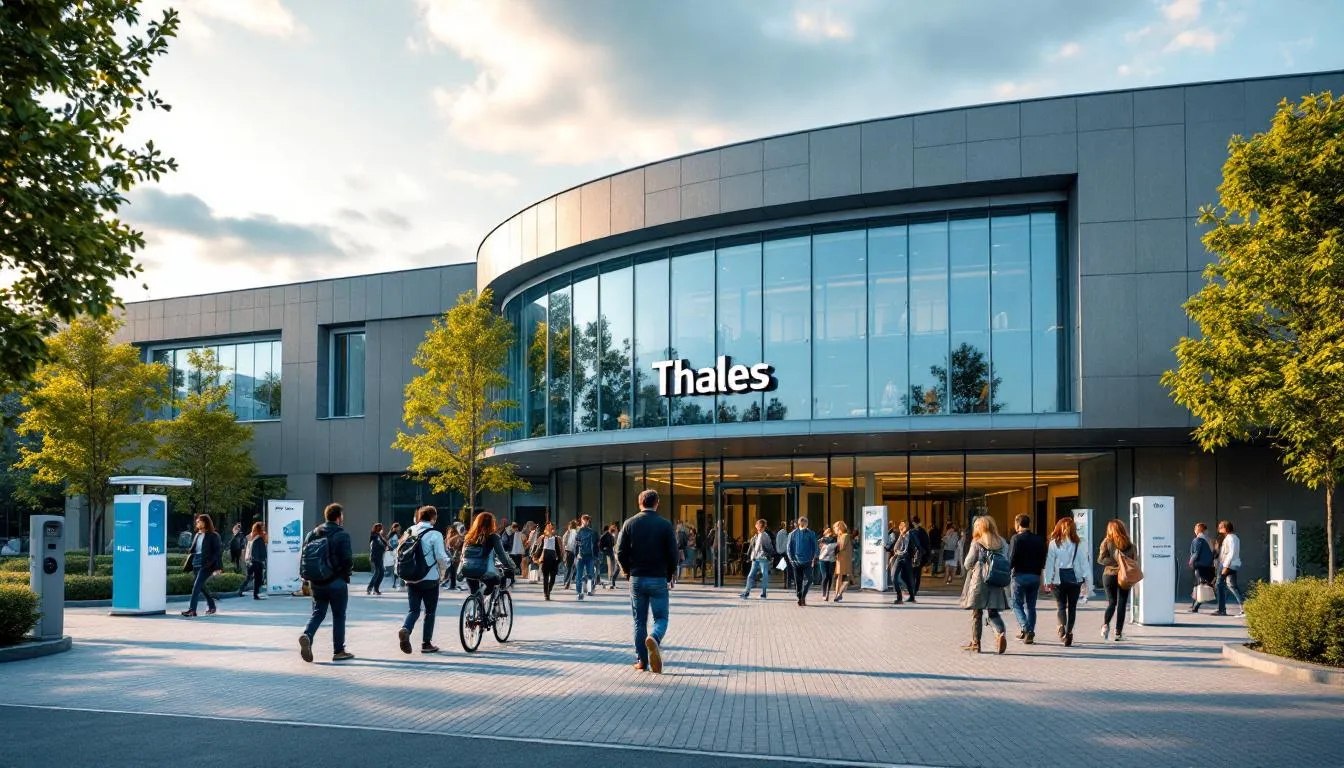 Entrée d’un site Thales en Île‑de‑France, parvis animé par candidats et salariés lors d’une campagne de recrutement