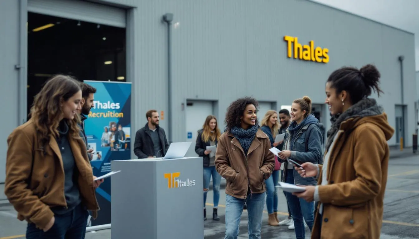Recrutement Thales aux Pays de la Loire : recruteurs et candidats devant un site industriel