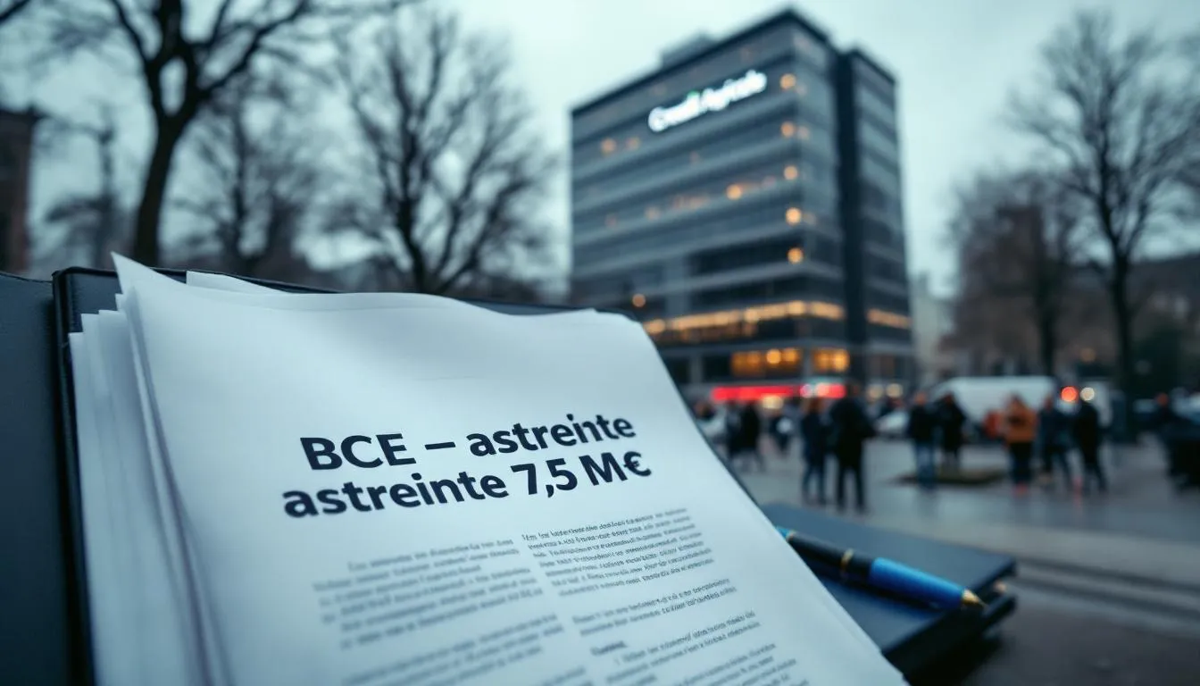 Document « BCE — astreinte 7,55 M€ » au premier plan, journalistes et façade du siège Crédit Agricole en arrière‑plan