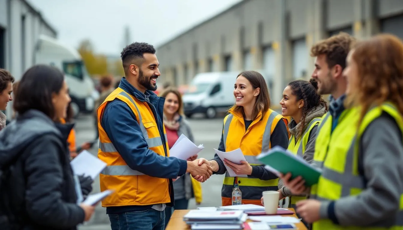 Job dating Florette à Lessay, stand de recrutement devant le site industriel et candidats en entretien