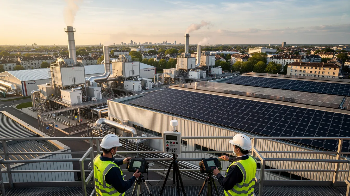 Site industriel en Île‑de‑France, vue large avec équipements de dépollution et techniciens contrôlant la qualité de l'air