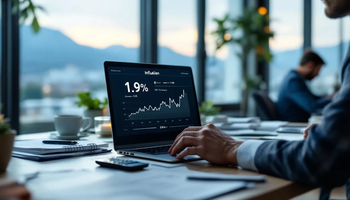 DAF au bureau, écran affichant 1,9% d’inflation avec graphiques et vue des Alpes en arrière‑plan DAF au bureau, écran affichant 1,9% d'inflation avec graphiques et vue des Alpes en arrière‑plan