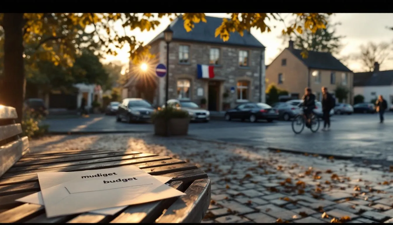 Parvis de la mairie de Locmélar au matin, documents budgétaires sur un banc et ambiance sereine