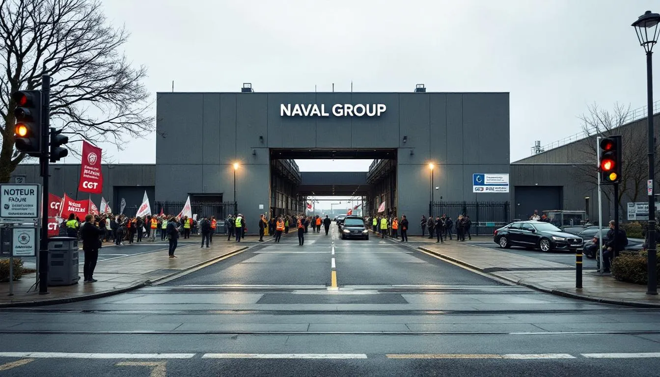 Entrée du site Naval Group Nantes‑Indret, parvis animé avec manifestants CGT et motorcade présidentielle