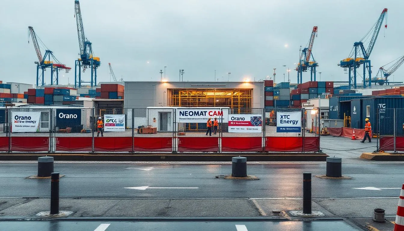 Chantier Neomat CAM à Dunkerque, palissades de construction et grues portuaires