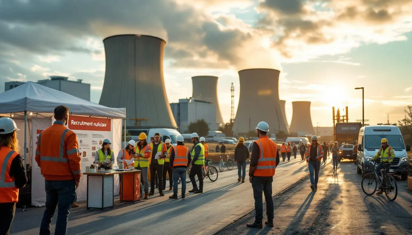 Job‑dating et recrutements du secteur nucléaire en Centre‑Val de Loire, candidats et techniciens devant une centrale
