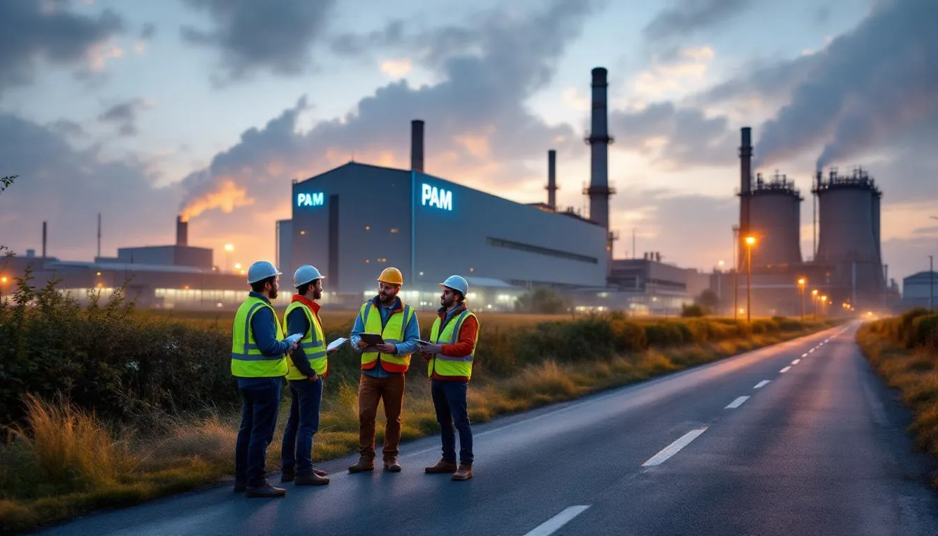 Jeunes apprentis en gilets haute‑visibilité devant l'usine Saint‑Gobain PAM à Pont‑à‑Mousson