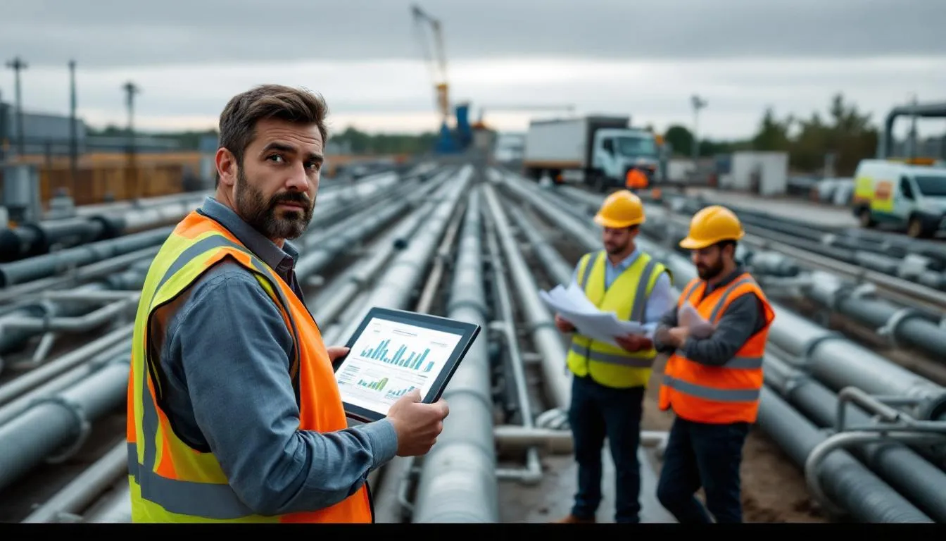 Usine de traitement d'eau du SEDIF avec techniciens et responsable financier consultant un tableau de bord